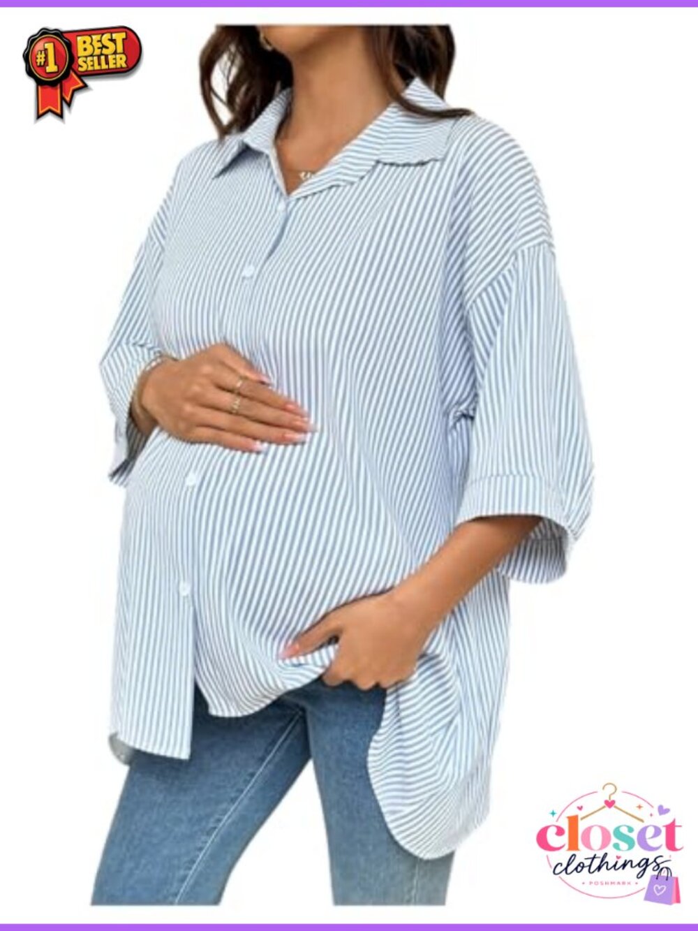 Maternity Striped Button Down Blouse Half Sleeve Collared Top